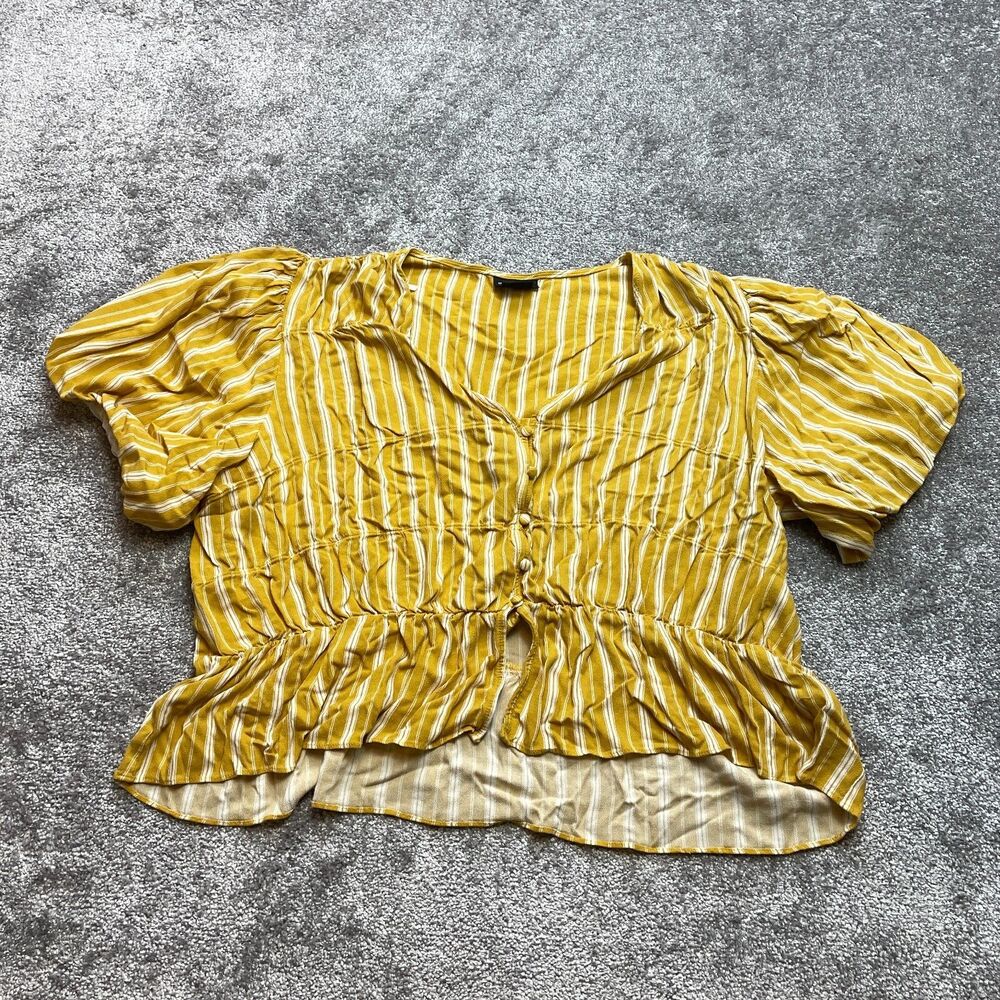 City Chic Blouse Shirt Womens Large Yellow Striped Short Sleeve Crop Button Up